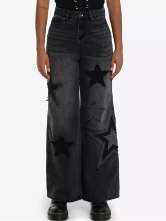 Hot Topic Denim - Hot Topic Wide Leg Jeans Star Patch High Waist Edgy Goth Rock Grunge Skater Emo